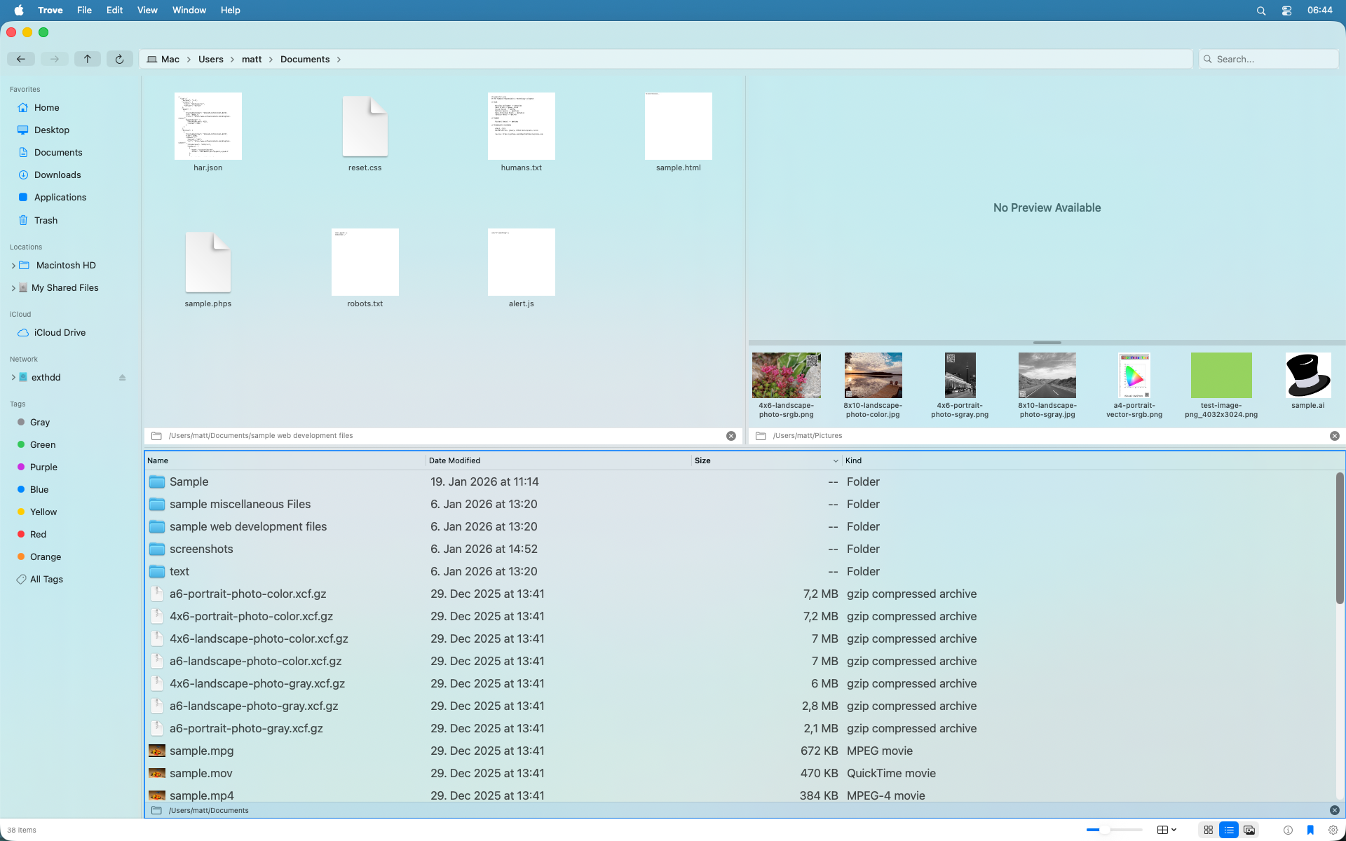 Trove showing a multi-panel file browsing layout